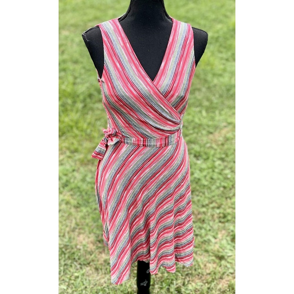 Bailey 44 Dress Womens Small Red Striped Sleeveless Faux Wrap Tie Waist Summer